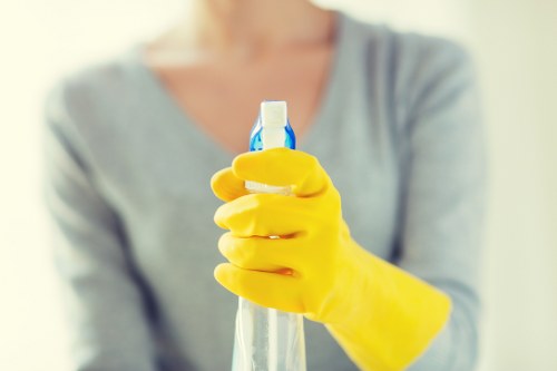 Professional cleaner maintaining a kitchen during a regular visit