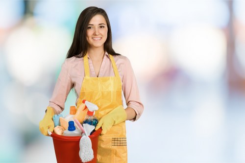 Cleaning products and protective gloves arranged for safe use